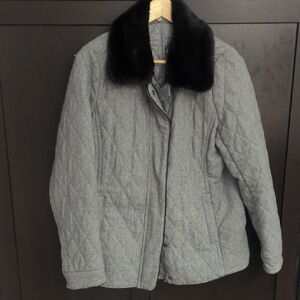 Women's Alfred Sung Wool Blend Women's Gray Quilted Jacket with Faux Fur - Large